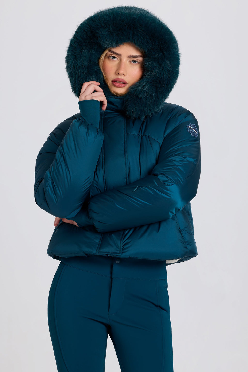 Chic Waterproof Faux-Fur Hood Cropped Ski Jacket in Teal