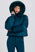 Chic Waterproof Faux-Fur Hood Cropped Ski Jacket in Teal