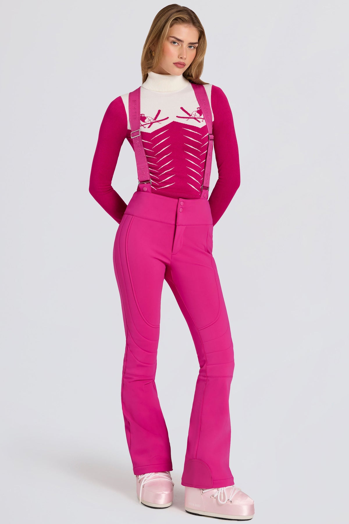Chic Waterproof High-Rise Salopettes with Suspenders in Magenta Pink