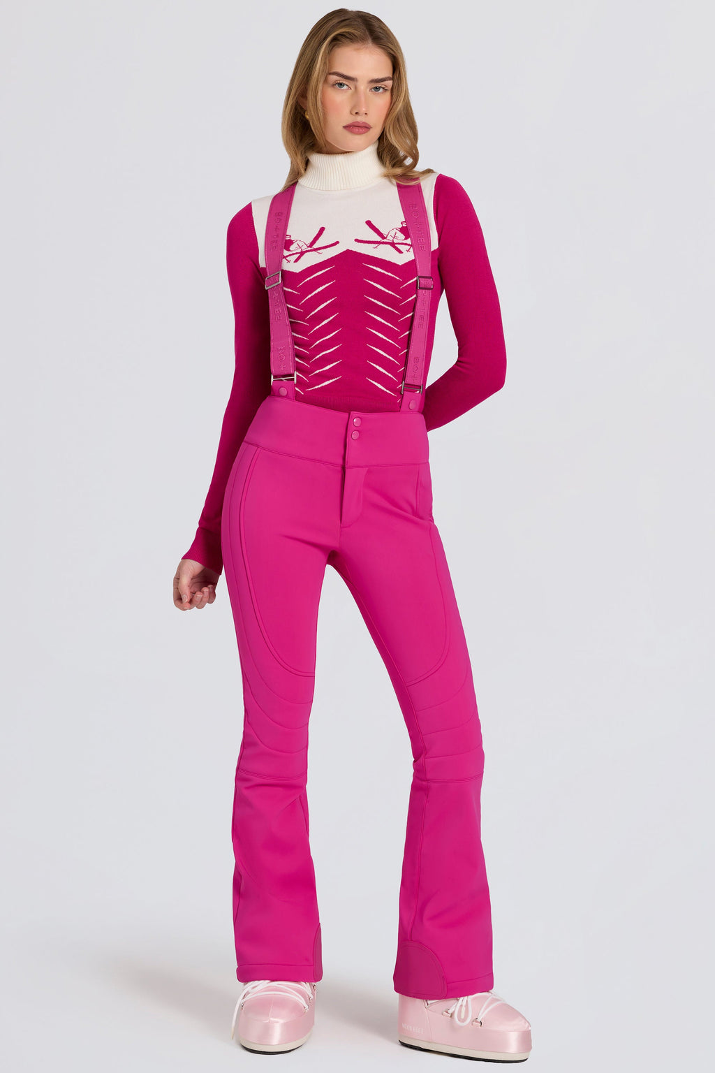 Chic Waterproof High-Rise Salopettes with Suspenders in Magenta Pink