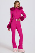 Chic Waterproof Faux-Fur Hood Fitted Ski Suit in Magenta Pink