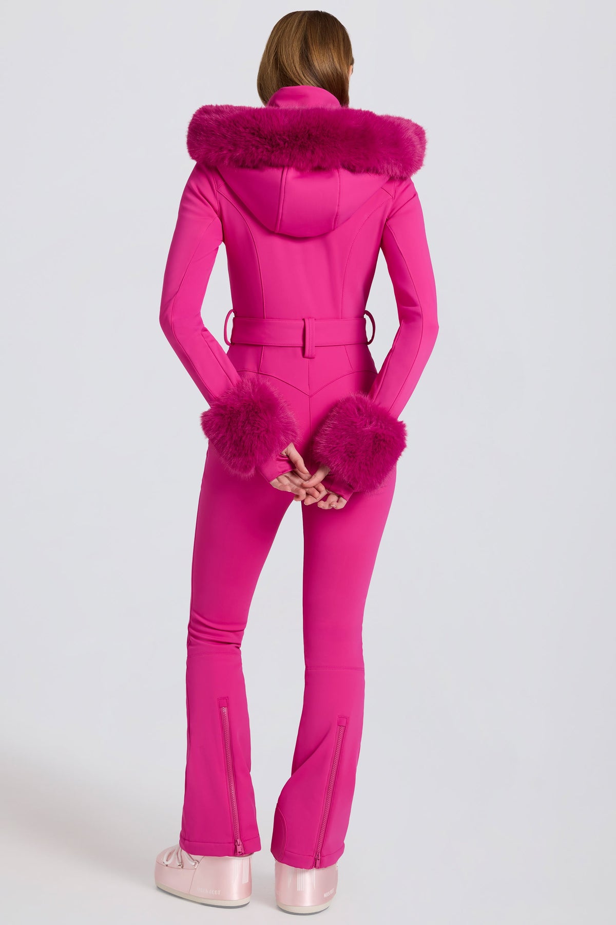Chic Waterproof Faux-Fur Hood Fitted Ski Suit in Magenta Pink