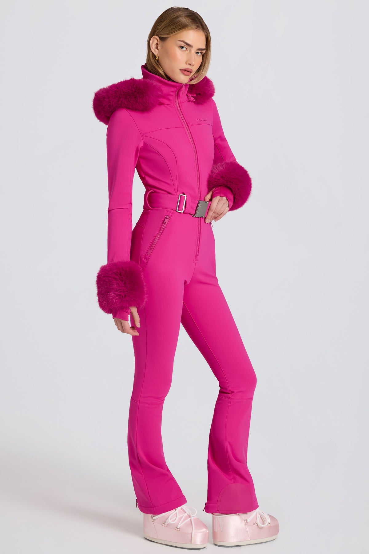 Chic Waterproof Faux-Fur Hood Fitted Ski Suit in Magenta Pink