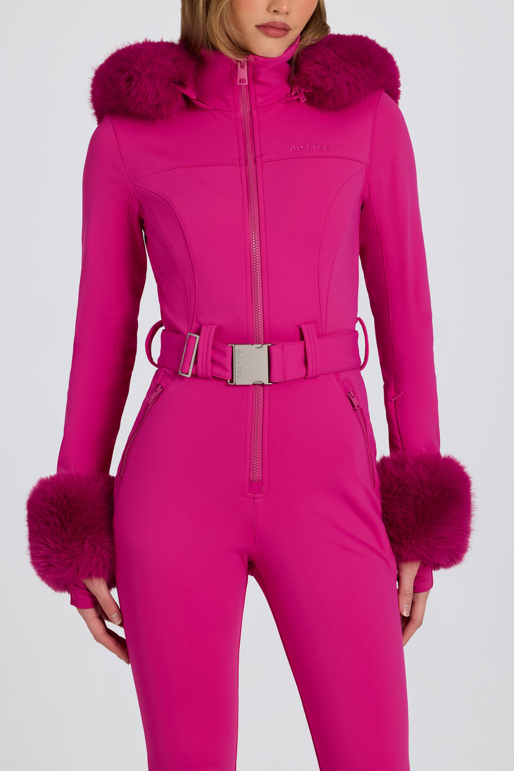 Chic Waterproof Faux-Fur Hood Fitted Ski Suit in Magenta Pink