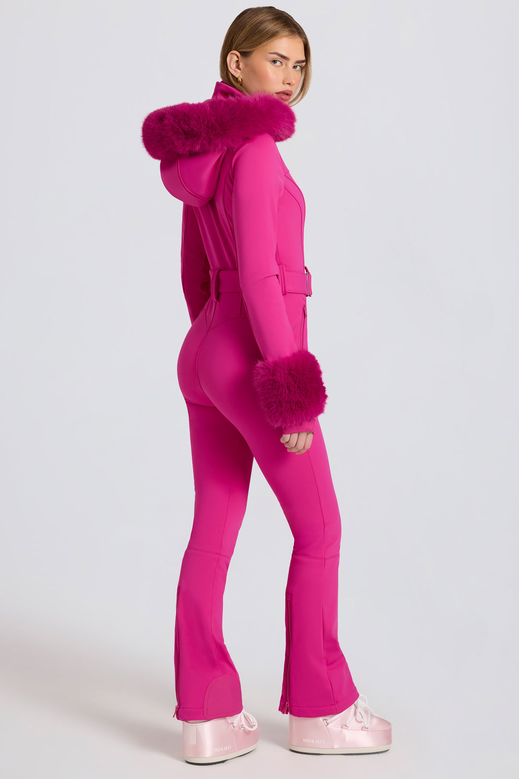 Chic Waterproof Faux-Fur Hood Fitted Ski Suit in Magenta Pink