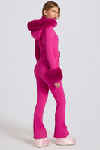 Chic Waterproof Faux-Fur Hood Fitted Ski Suit in Magenta Pink