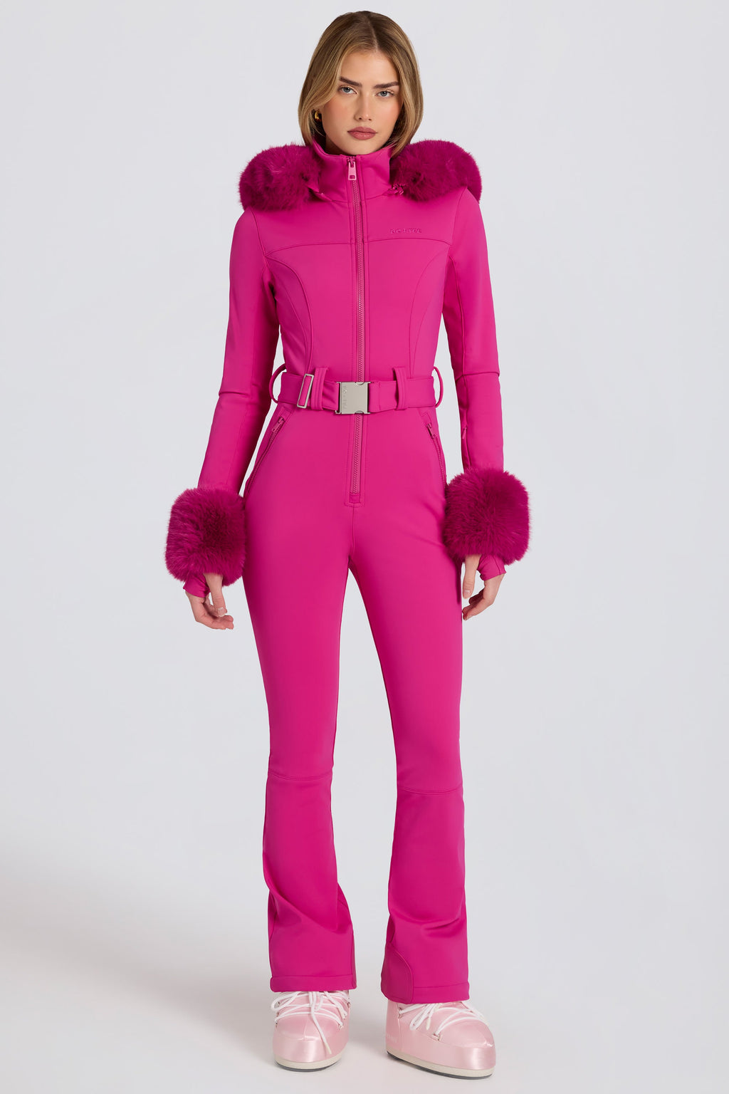 Chic Waterproof Faux-Fur Hood Fitted Ski Suit in Magenta Pink