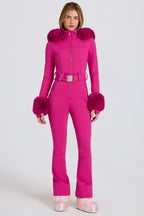 Chic Waterproof Faux-Fur Hood Fitted Ski Suit in Magenta Pink