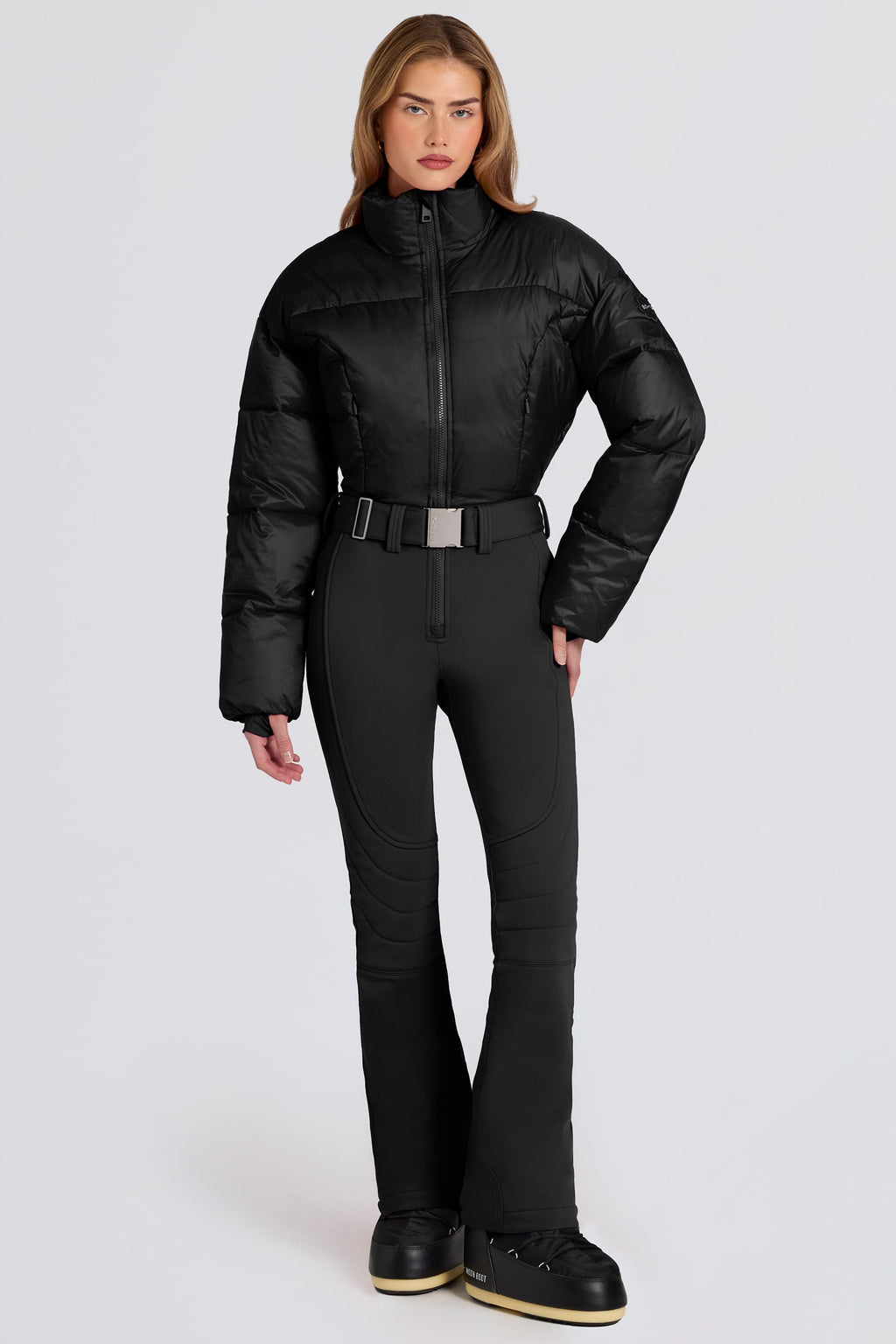 Chic Waterproof Padded Belted Ski Suit in Black