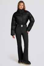 Chic Waterproof Padded Belted Ski Suit in Black