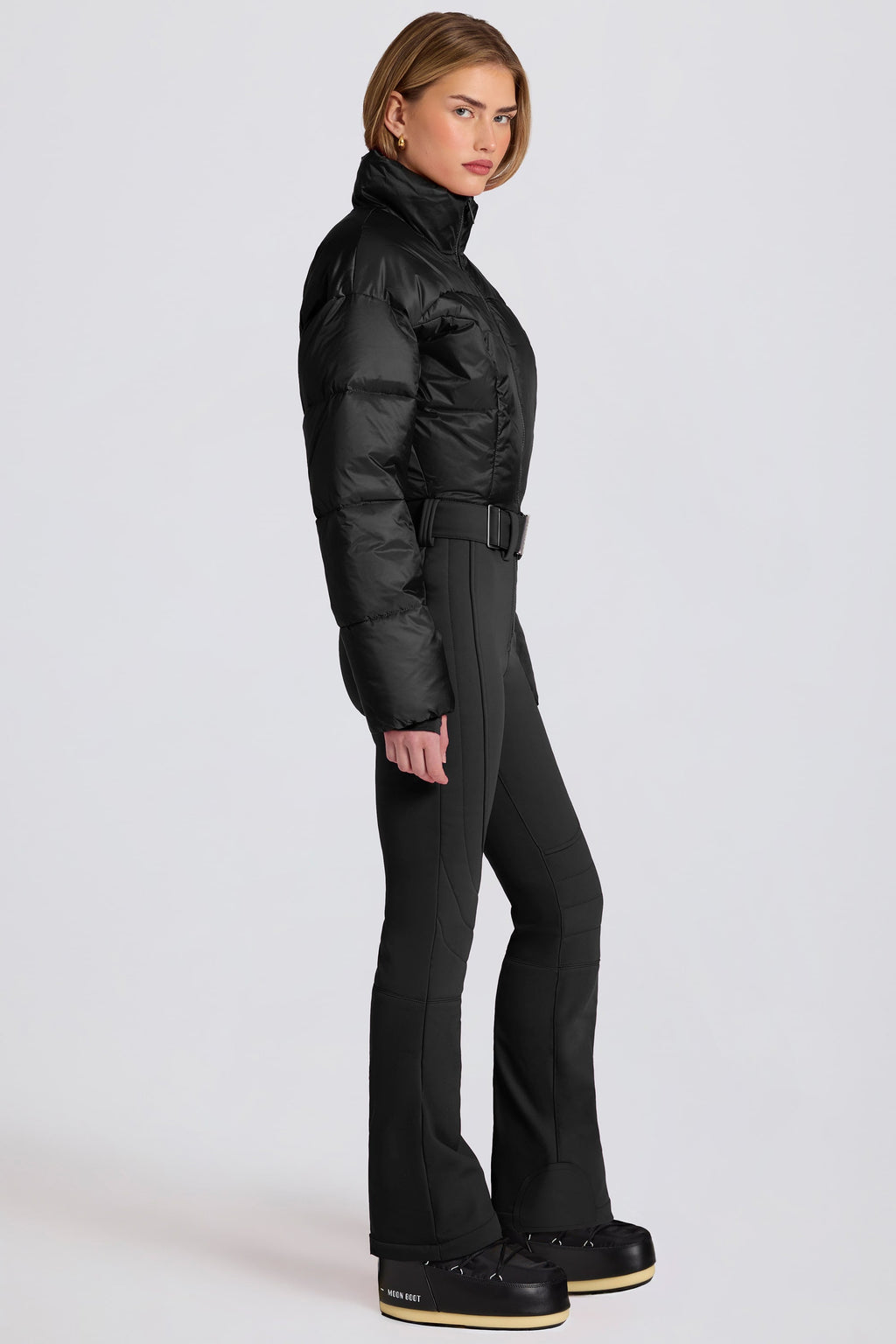Chic Waterproof Padded Belted Ski Suit in Black