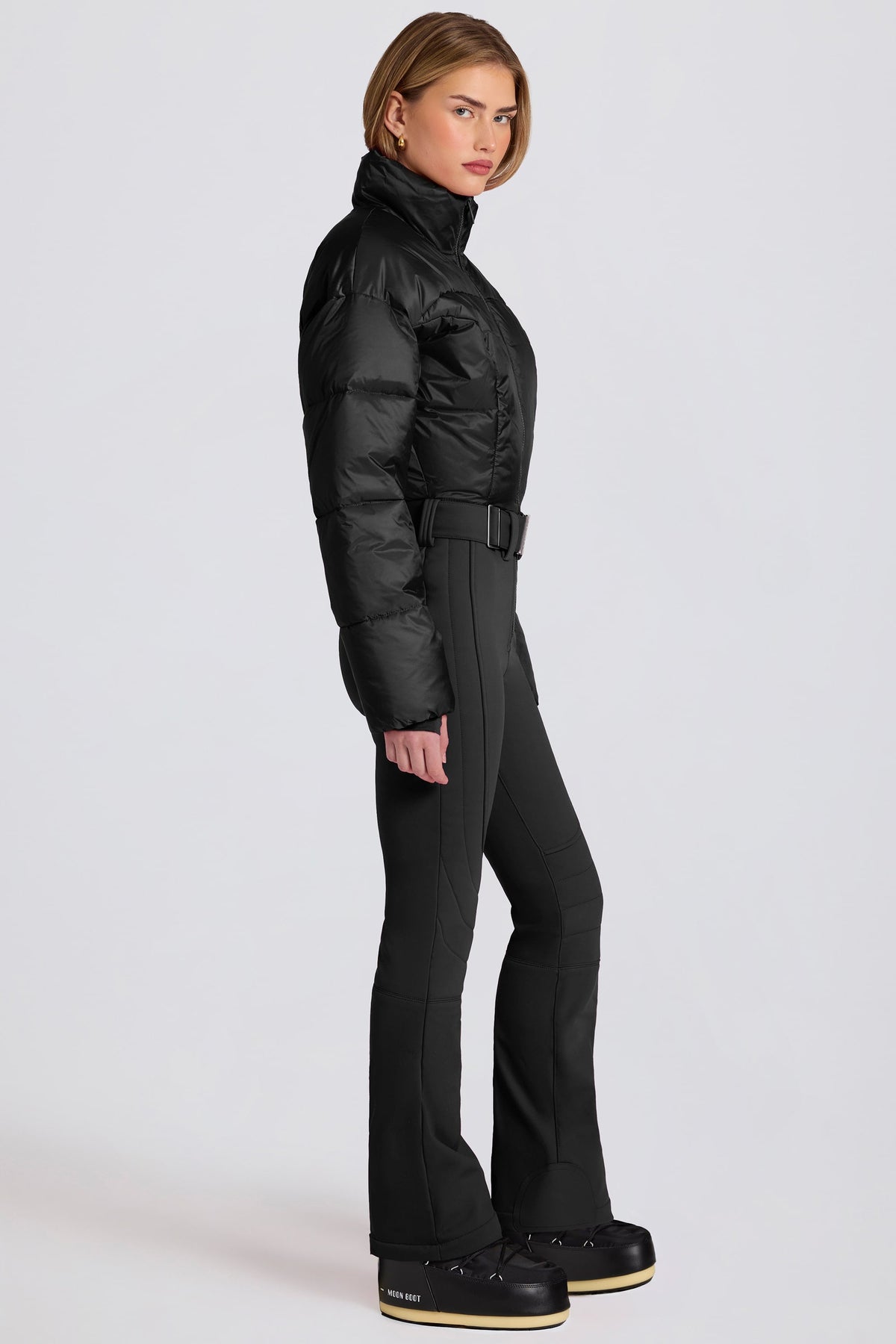 Chic Waterproof Padded Belted Ski Suit in Black