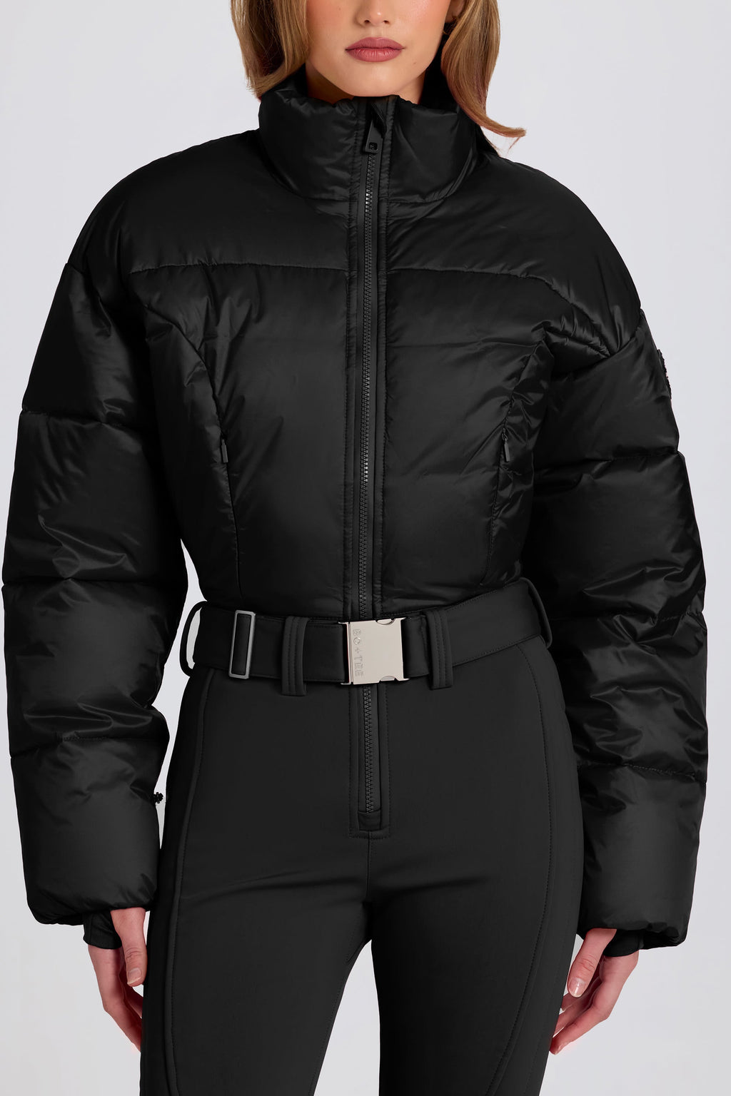 Chic Waterproof Padded Belted Ski Suit in Black