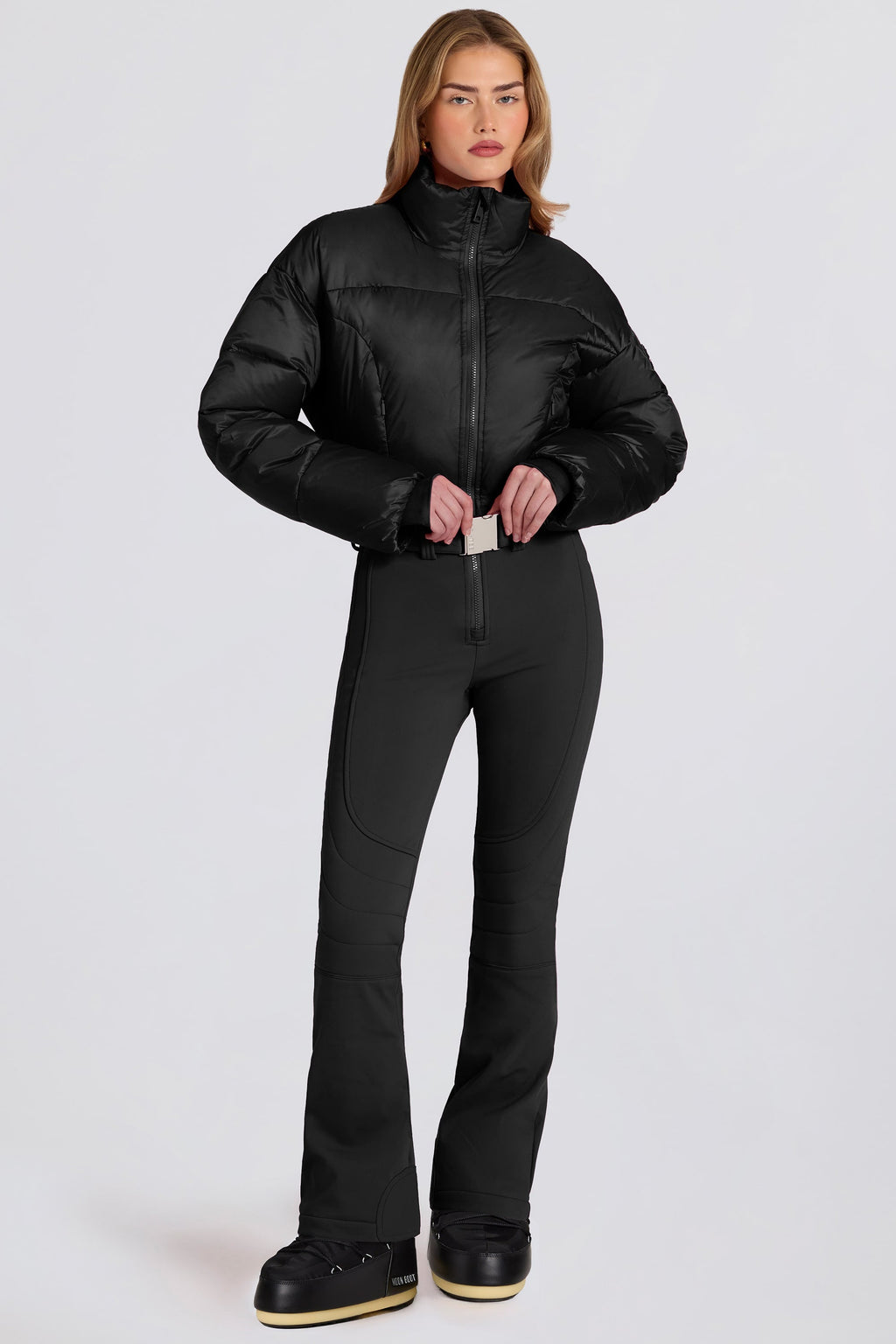 Chic Waterproof Padded Belted Ski Suit in Black