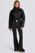 Chic Waterproof Padded Belted Ski Suit in Black