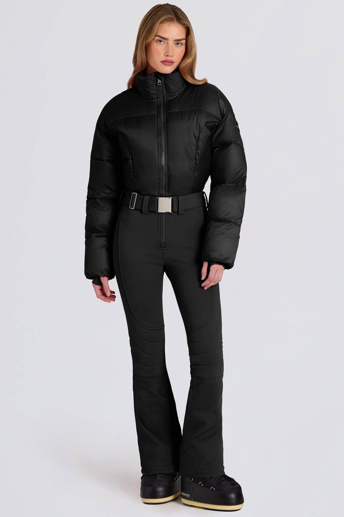 Chic Waterproof Padded Belted Ski Suit in Black