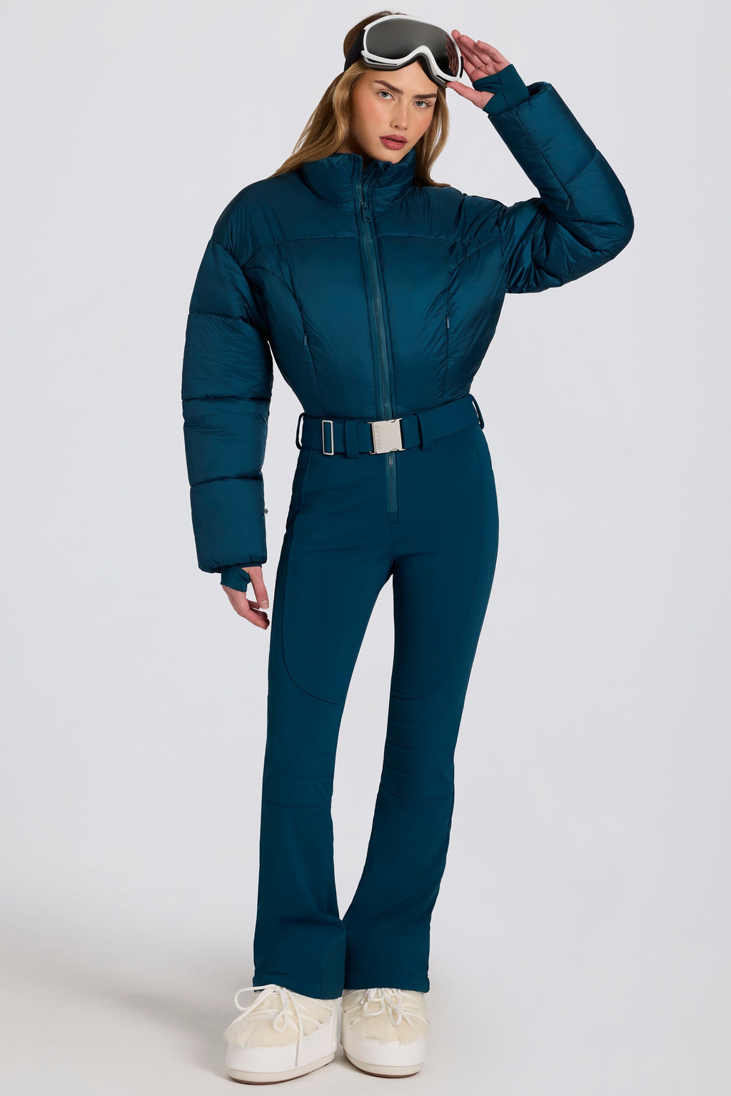 Chic Waterproof Padded Belted Ski Suit in Teal