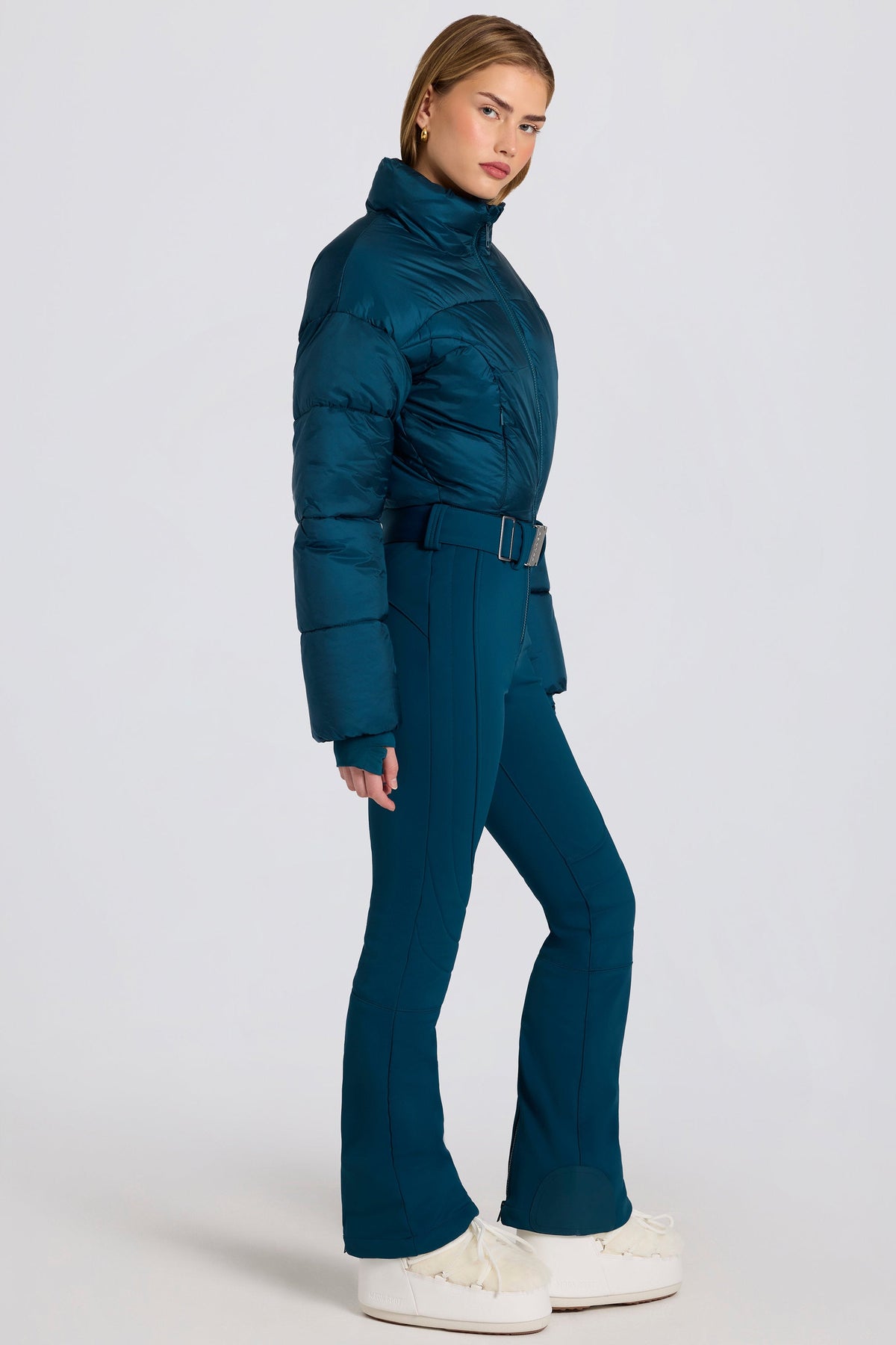 Chic Waterproof Padded Belted Ski Suit in Teal