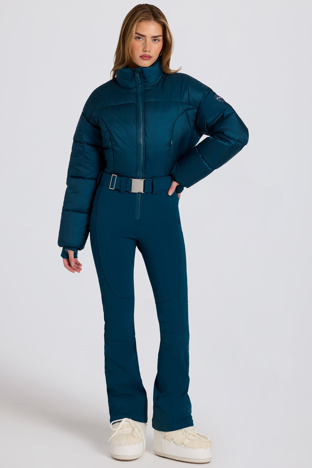 Chic Waterproof Padded Belted Ski Suit in Teal