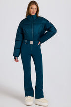 Chic Waterproof Padded Belted Ski Suit in Teal
