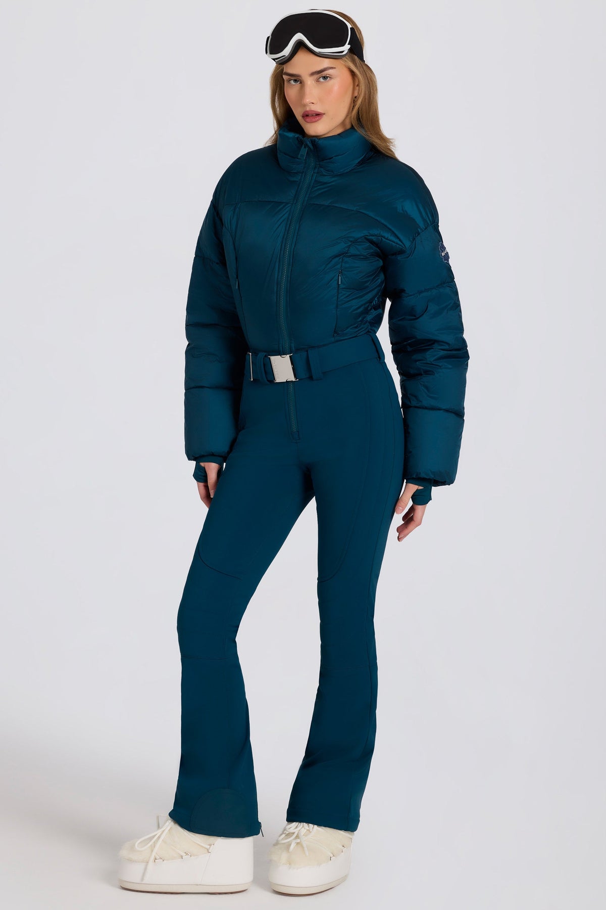 Chic Waterproof Padded Belted Ski Suit in Teal