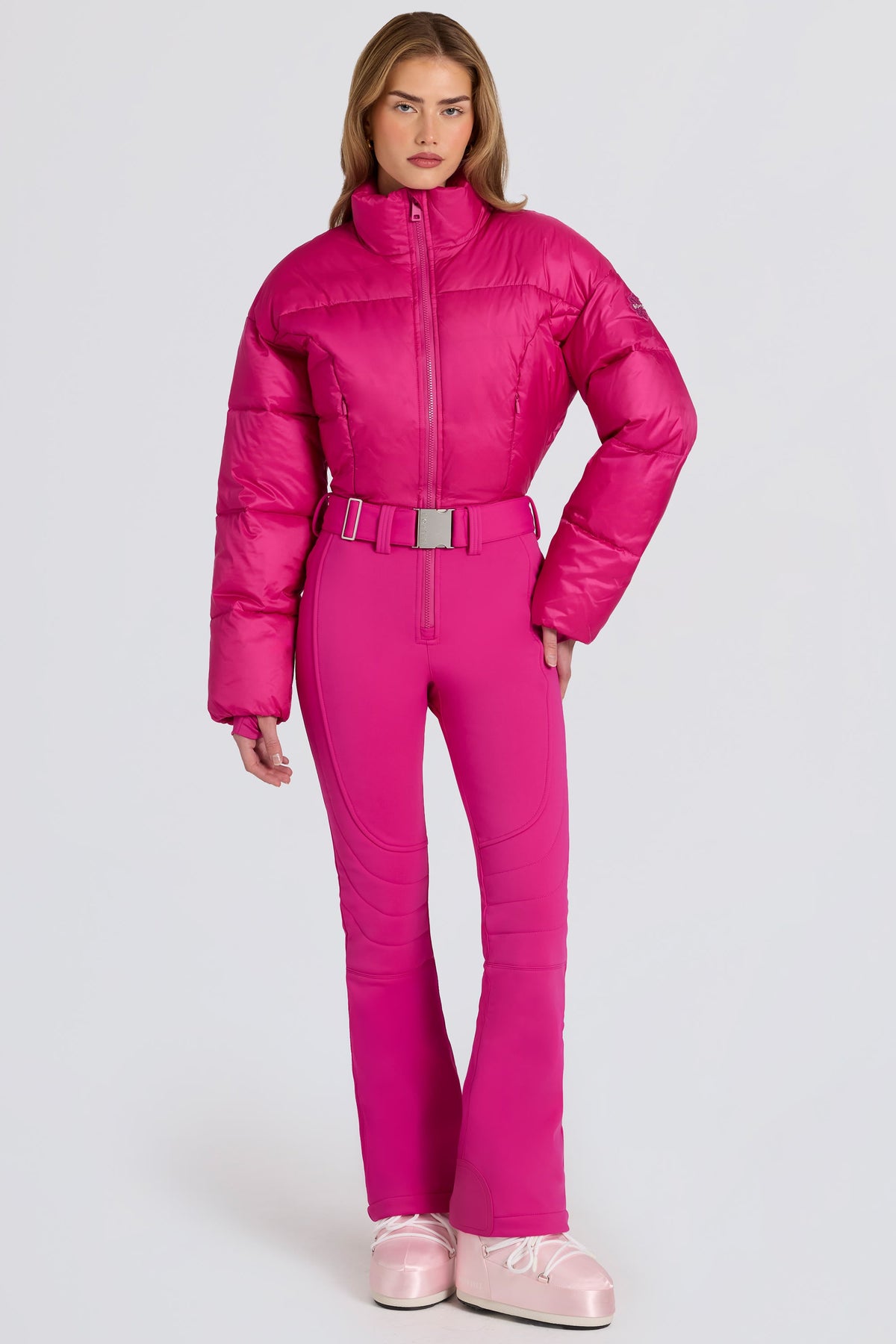Chic Waterproof Padded Belted Ski Suit in Magenta Pink