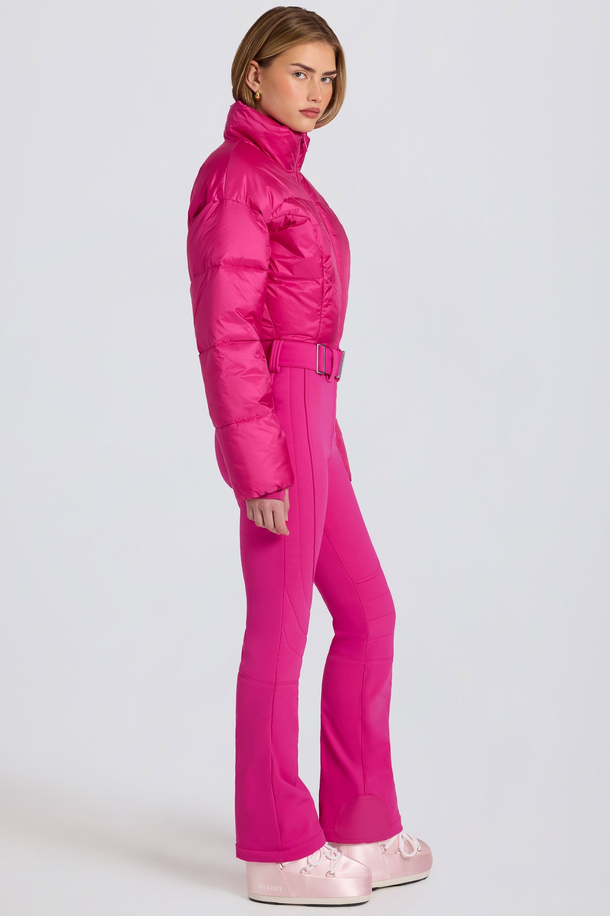 Chic Waterproof Padded Belted Ski Suit in Magenta Pink