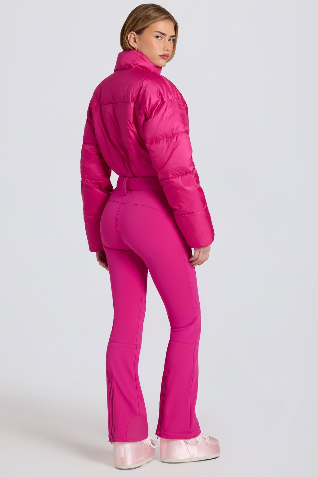 Chic Waterproof Padded Belted Ski Suit in Magenta Pink