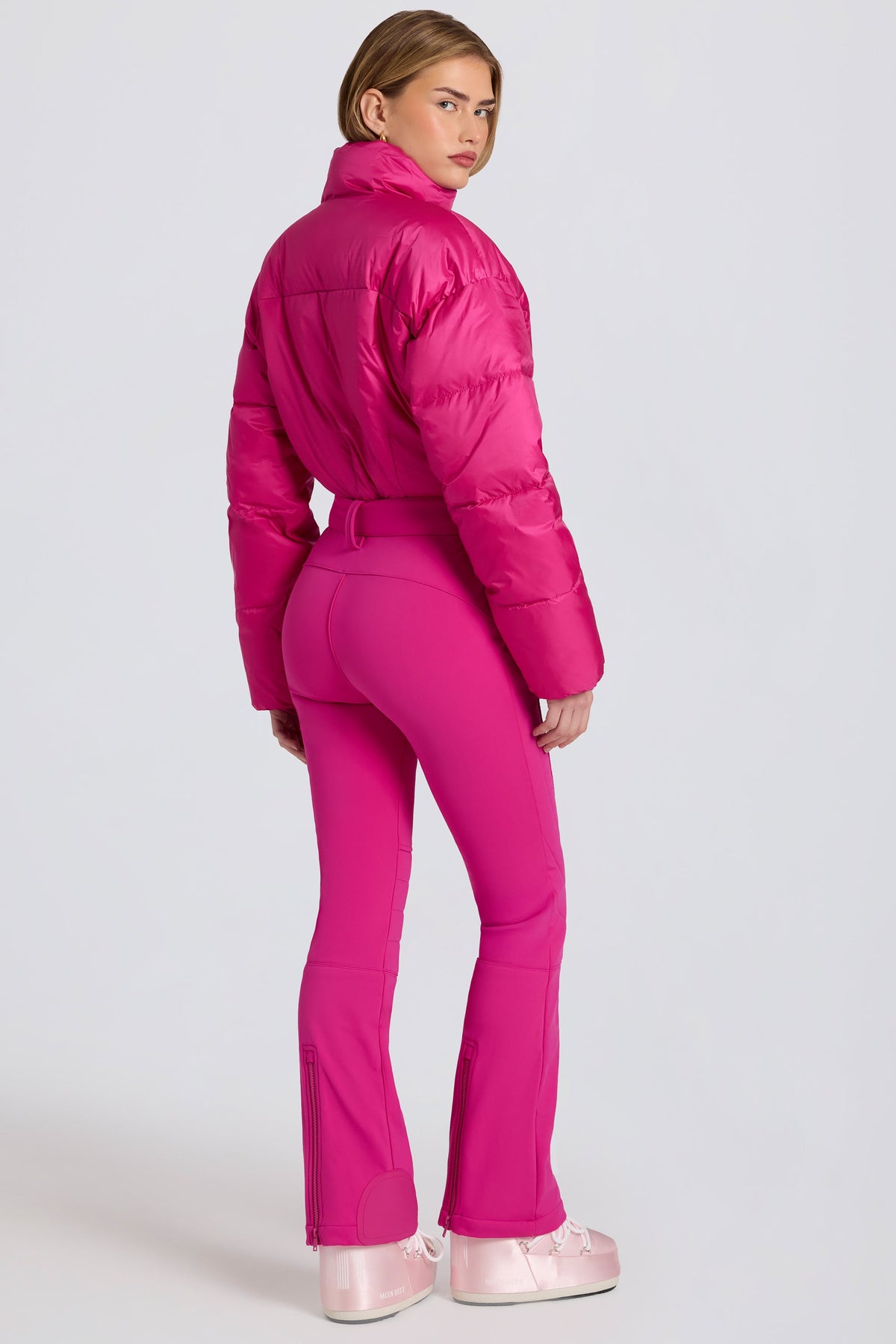 Chic Waterproof Padded Belted Ski Suit in Magenta Pink