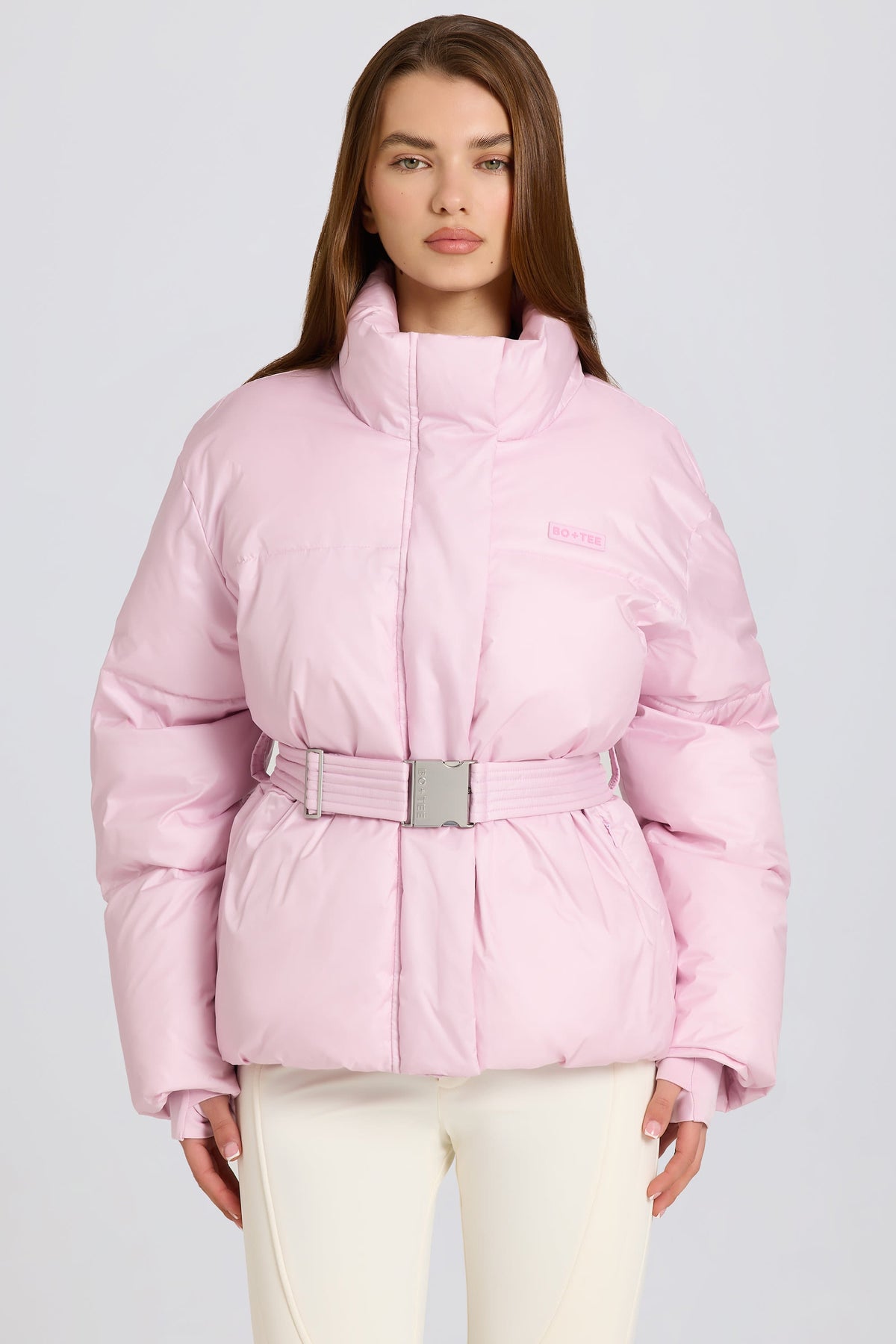 Chic Waterproof Belted Oversized Ski Jacket in Powder Pink