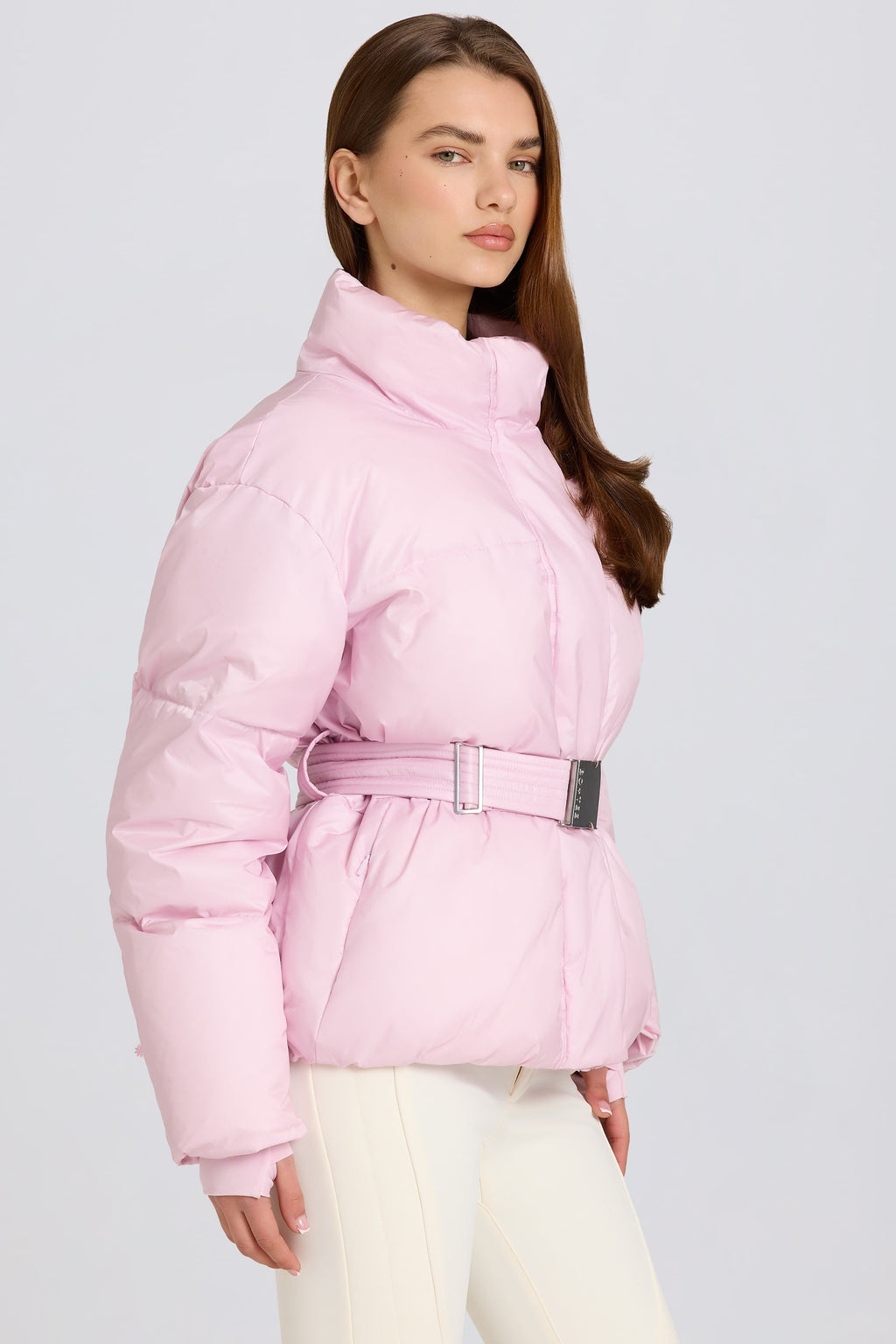 Chic Waterproof Belted Oversized Ski Jacket in Powder Pink
