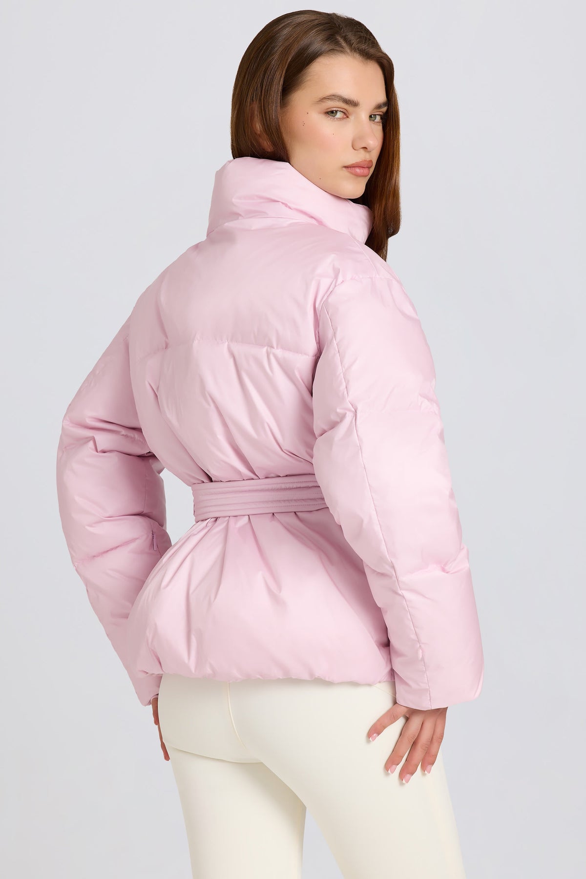 Chic Waterproof Belted Oversized Ski Jacket in Powder Pink