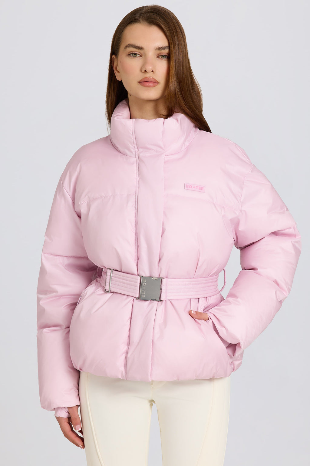 Chic Waterproof Belted Oversized Ski Jacket in Powder Pink