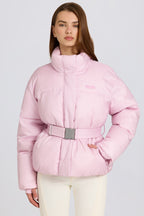 Chic Waterproof Belted Oversized Ski Jacket in Powder Pink