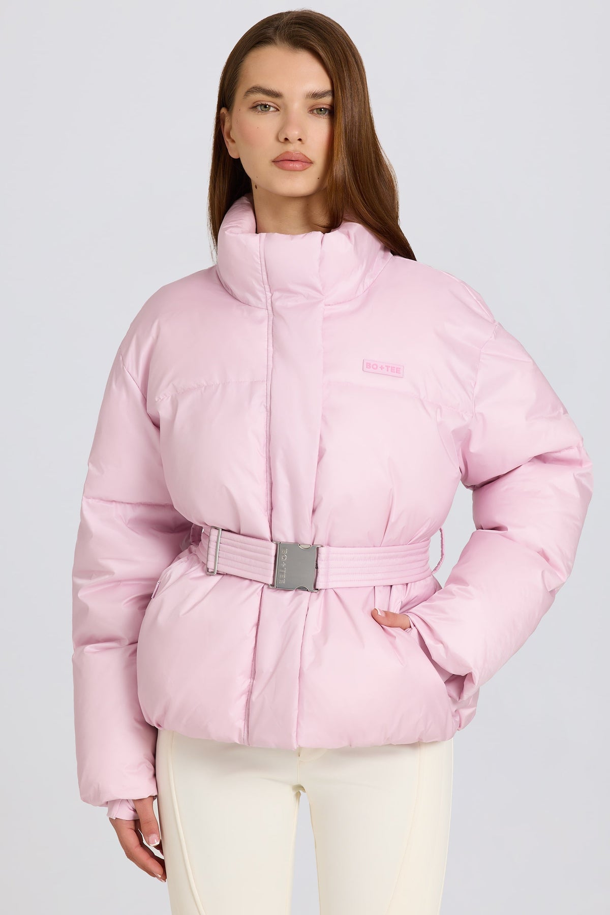 Chic Waterproof Belted Oversized Ski Jacket in Powder Pink