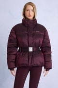 Chic Waterproof Belted Oversized Ski Jacket in Burgundy