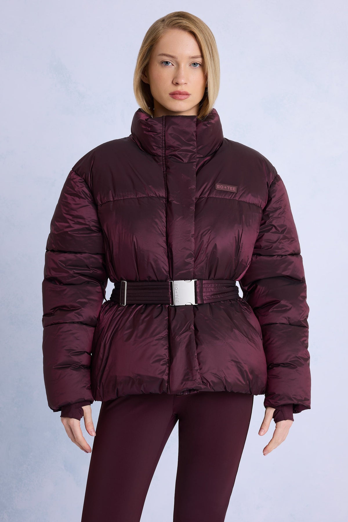 Chic Waterproof Belted Oversized Ski Jacket in Burgundy