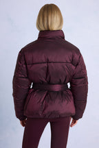 Chic Waterproof Belted Oversized Ski Jacket in Burgundy
