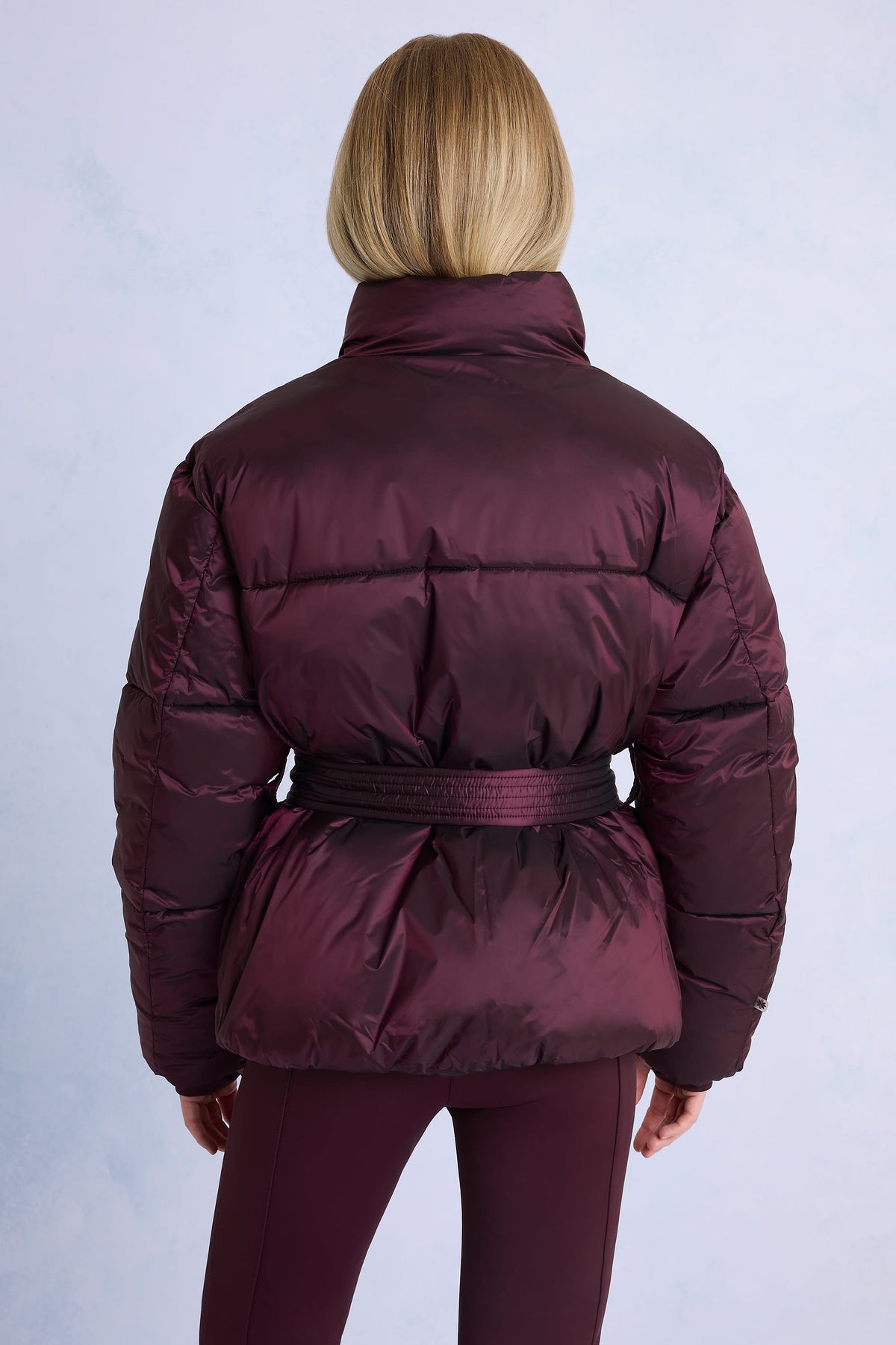 Chic Waterproof Belted Oversized Ski Jacket in Burgundy