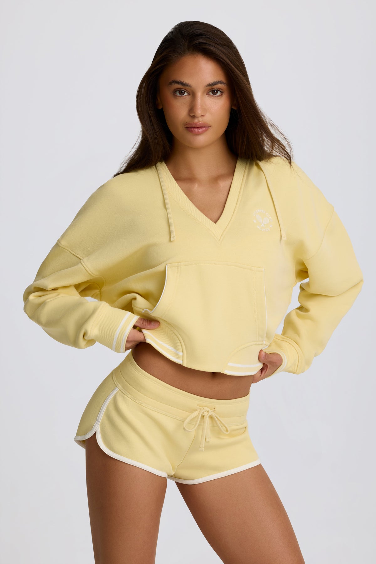 Chic Cotton Jersey V-Neck Hoodie in Lemon