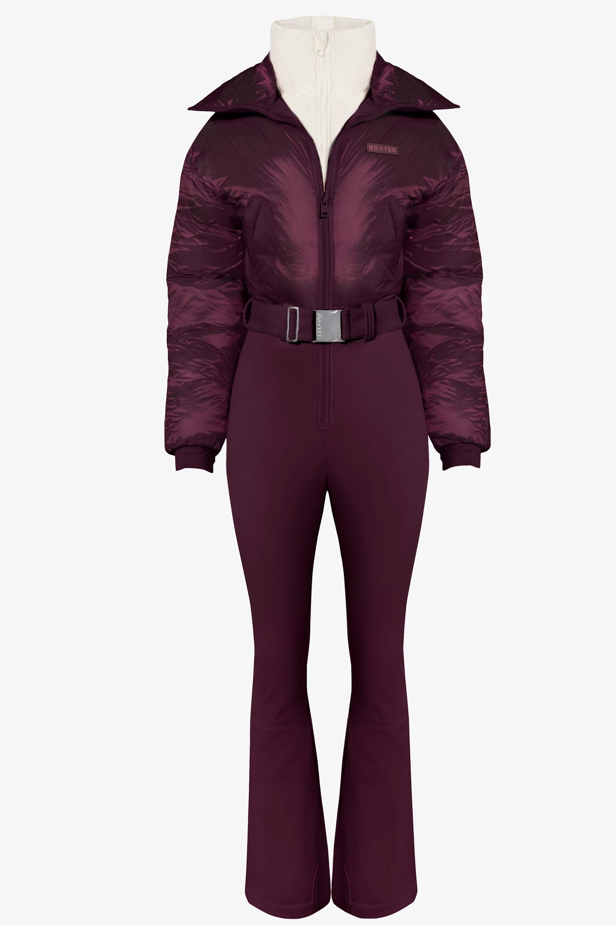 Chic Waterproof Belted Layered Ski Suit in Burgundy
