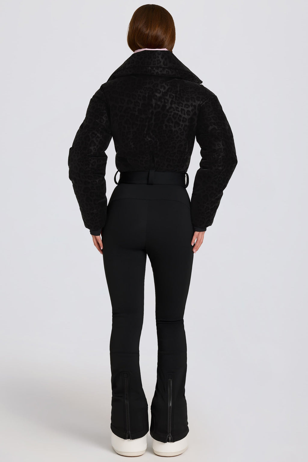 Chic Waterproof Belted Layered Ski Suit in Black Leopard