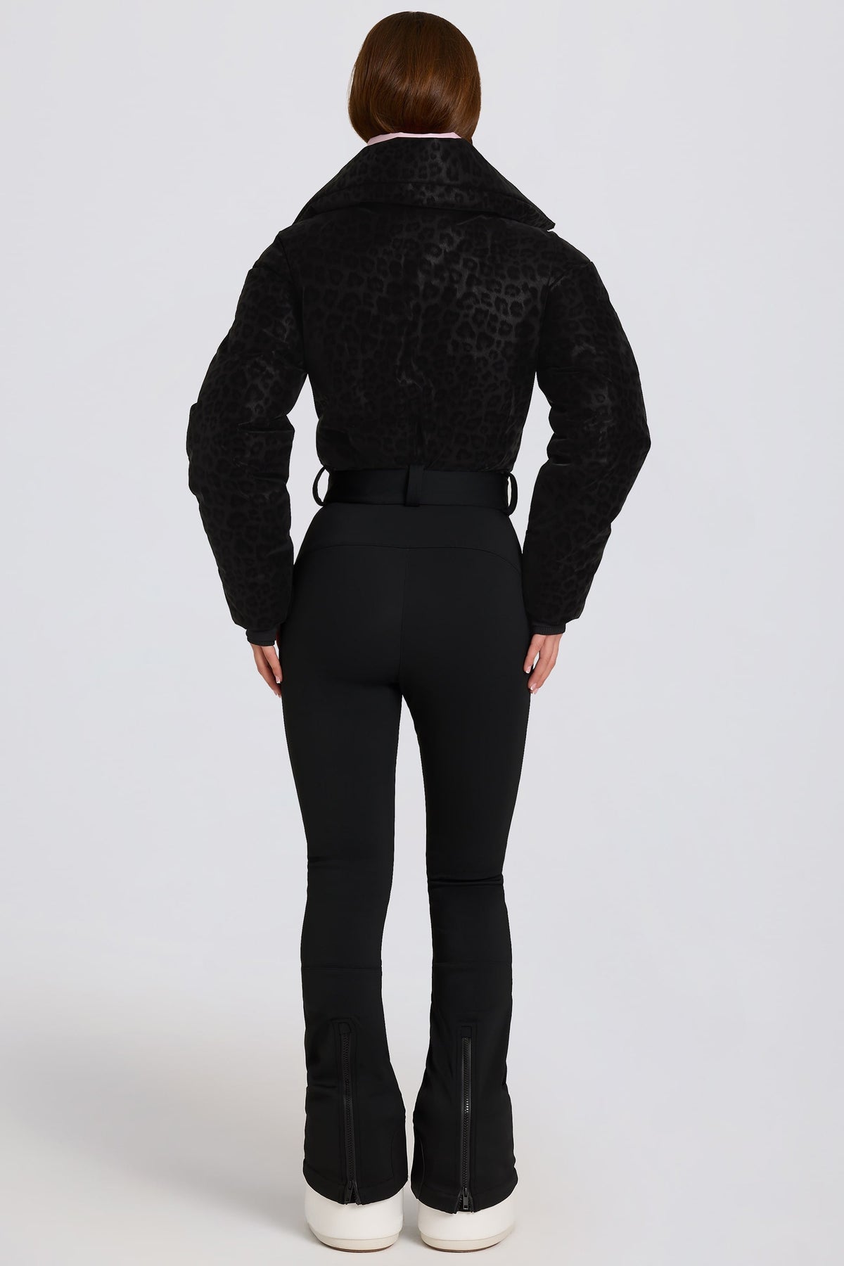 Chic Waterproof Belted Layered Ski Suit in Black Leopard