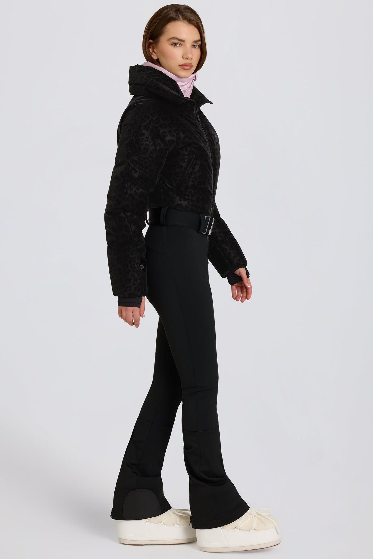 Chic Waterproof Belted Layered Ski Suit in Black Leopard