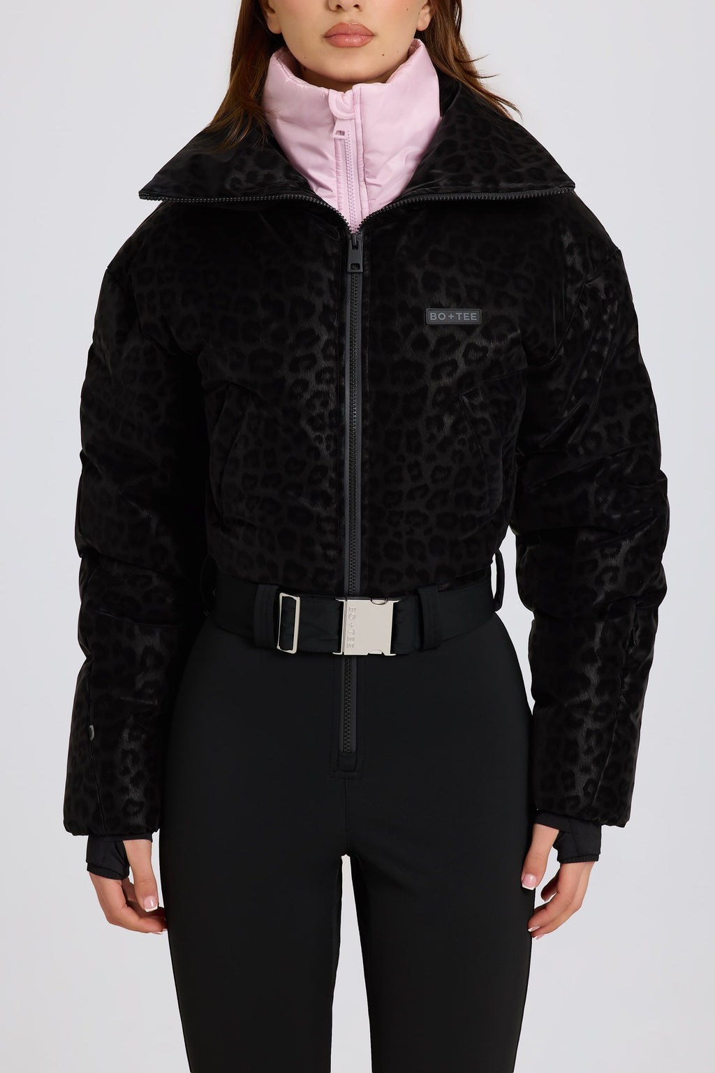 Chic Waterproof Belted Layered Ski Suit in Black Leopard