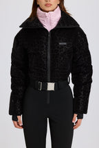 Chic Waterproof Belted Layered Ski Suit in Black Leopard