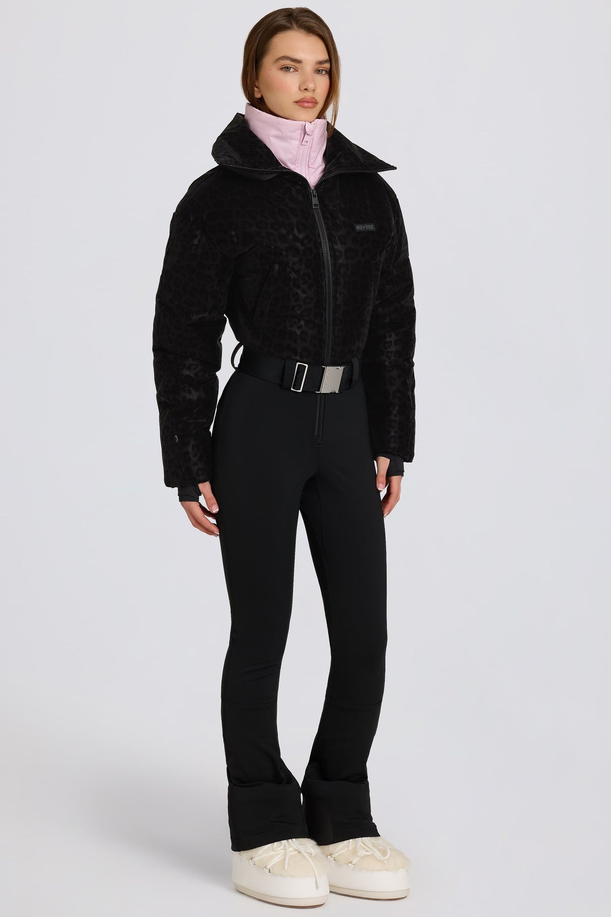 Chic Waterproof Belted Layered Ski Suit in Black Leopard