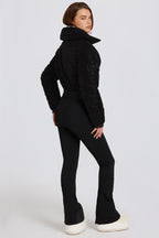 Chic Waterproof Belted Layered Ski Suit in Black Leopard