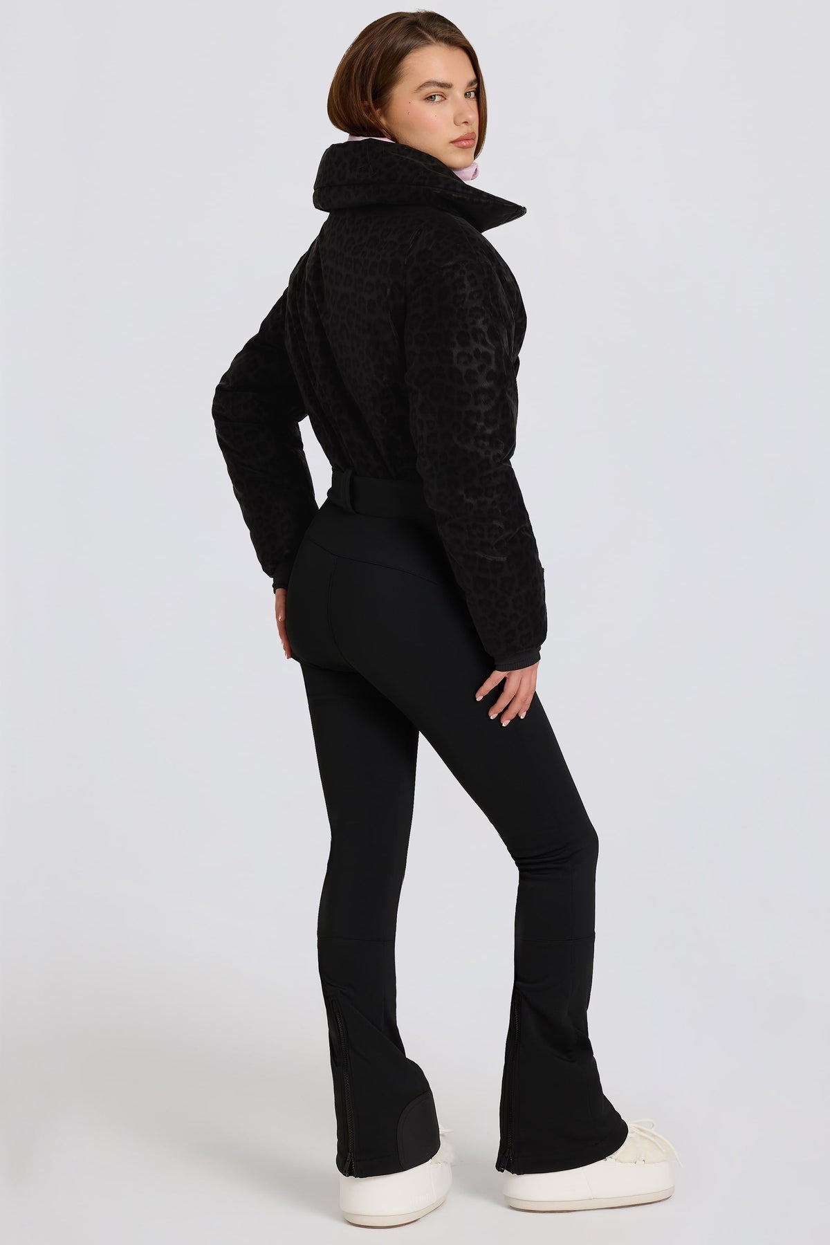 Chic Waterproof Belted Layered Ski Suit in Black Leopard