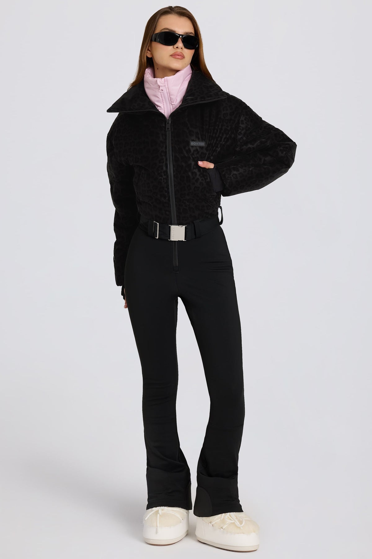 Chic Waterproof Belted Layered Ski Suit in Black Leopard